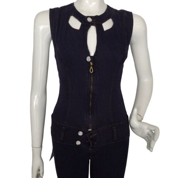 new! SCORPIO Jeans Jumpsuit, JR 1, Purple Denim, Fitted, Embellished/Cutouts - Picture 3 of 12